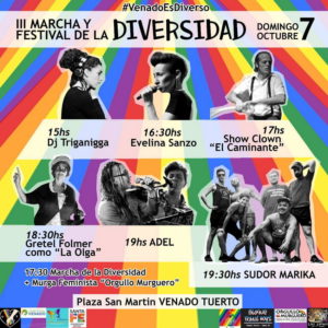 El próximo domingo 6 de octubre, se realizará en Venado Tuerto la Tercera Marcha por la Diversidad.