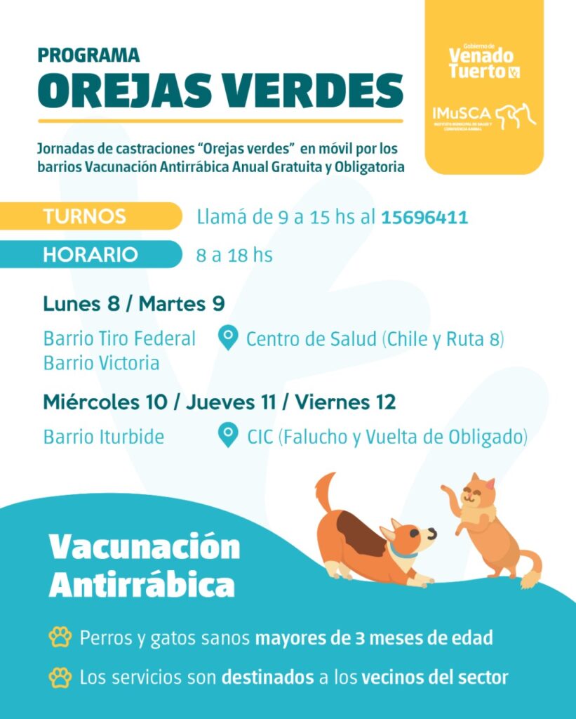 El programa “Orejas Verdes”, con castraciones y vacunación, comienza hoy en el Centro de Salud de Chile y Ruta 8