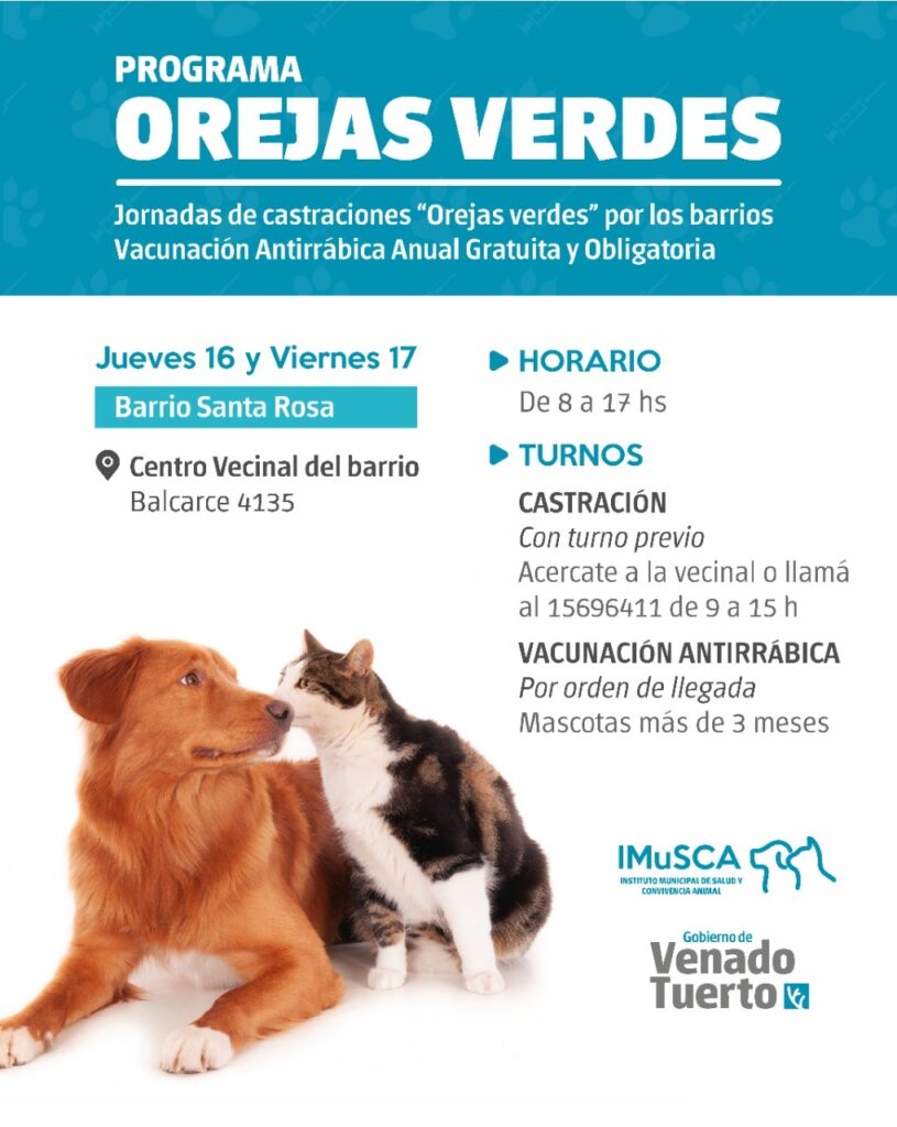 El programa “Orejas Verdes” prestará sus servicios de salud animal en la vecinal Santa Rosa