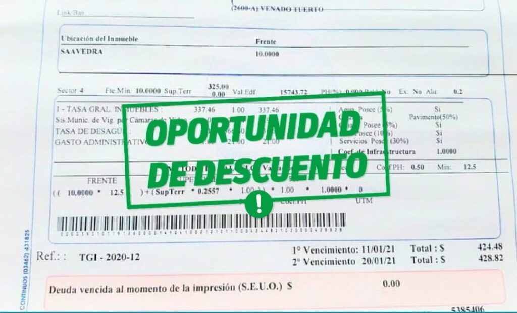 El Gobierno de Venado Tuerto invita al pago anticipado de TGI con importante descuento