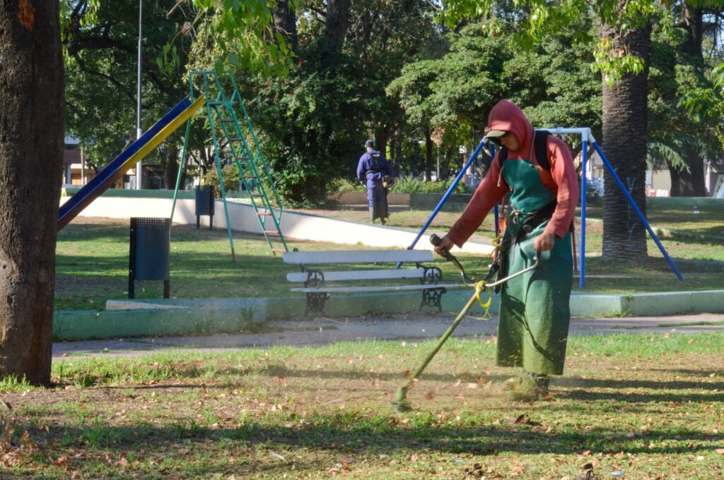 Tareas de limpieza y corte de pasto en plaza Sarmiento