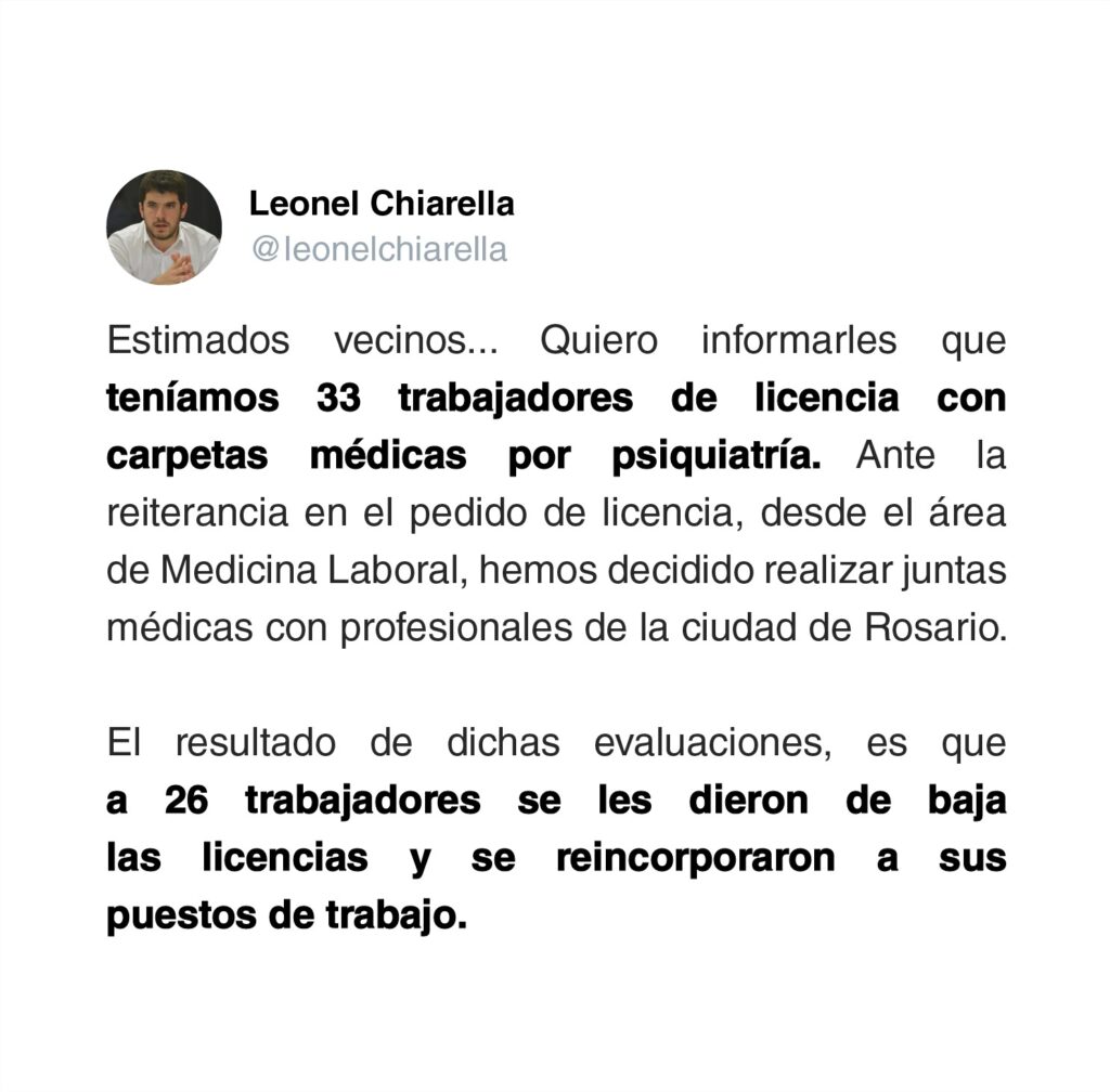 El intendente ordenó la revisión de las licencias psiquiátricas de 33 trabajadores y 26 volvieron a sus puestos