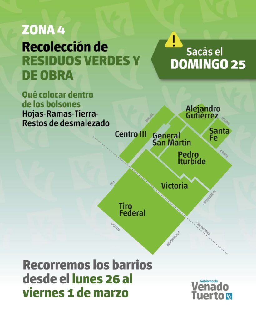 La recolección de residuos verdes y de obra comprenderá los barrios de la zona 4