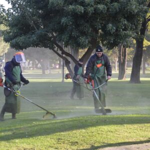 Tareas de corte de pasto y limpieza en plaza San Martín
