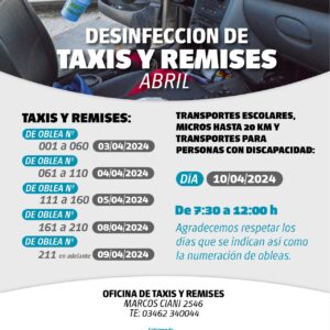 Desinfección de taxis y remises correspondiente al mes de abril