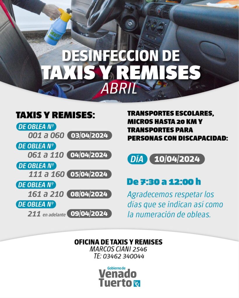 Desinfección de taxis y remises correspondiente al mes de abril