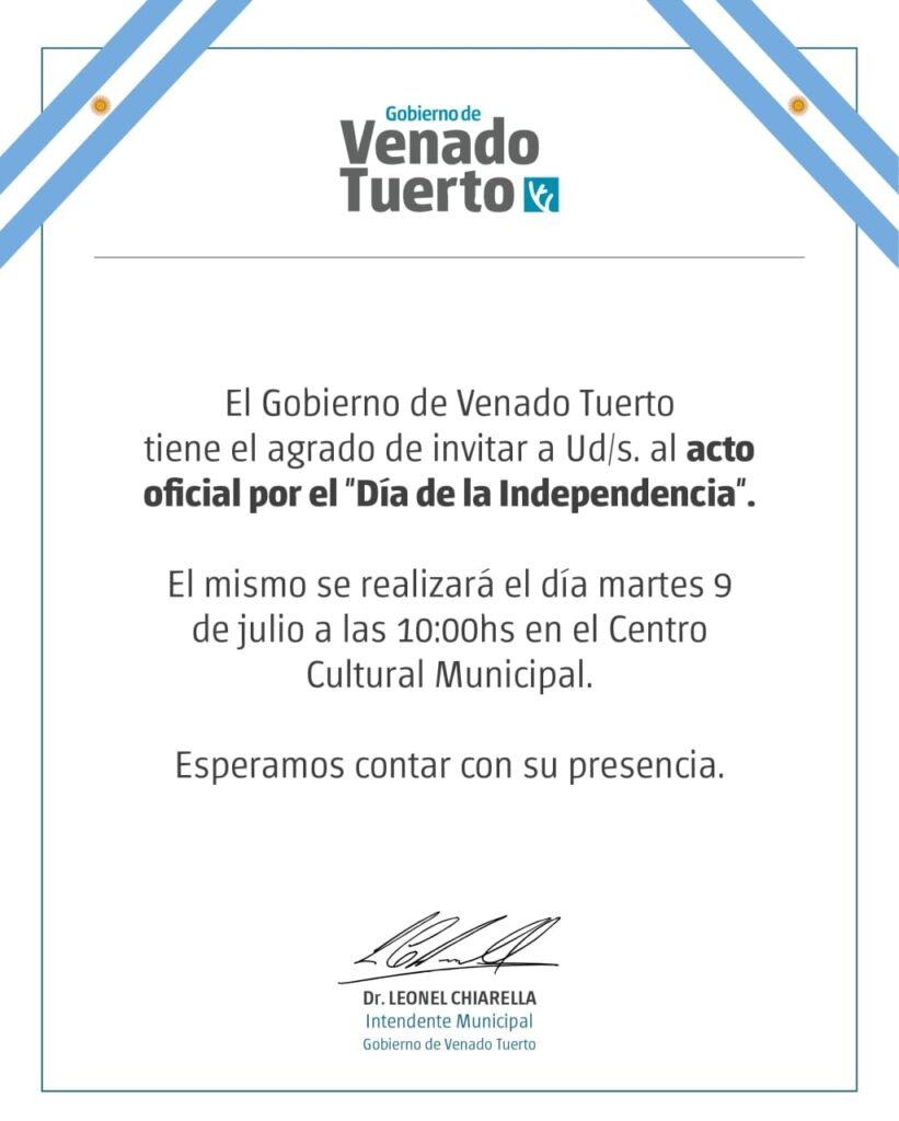 El acto oficial del Día de la Independencia se realizará en el Centro Cultural Municipal