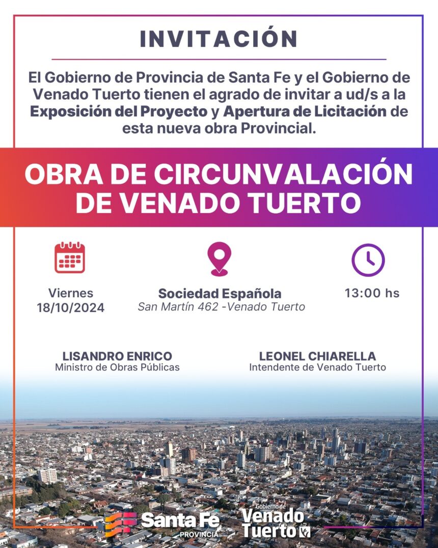 El gobernador Pullaro participará en la apertura de ofertas para la obra de Circunvalación