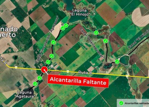 Ordenamiento hídrico: Ejecutan alcantarilla debajo de ruta 8 para vincular las lagunas Agataura y El Hinojo