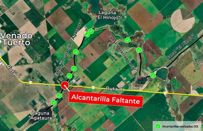 Ordenamiento hídrico: Ejecutan alcantarilla debajo de ruta 8 para vincular las lagunas Agataura y El Hinojo