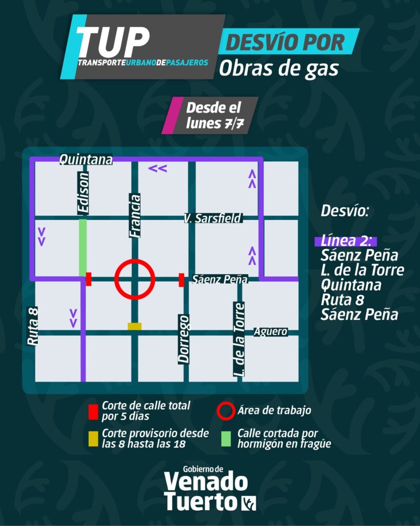 Desvío línea 2 del TUP por obras de gas
