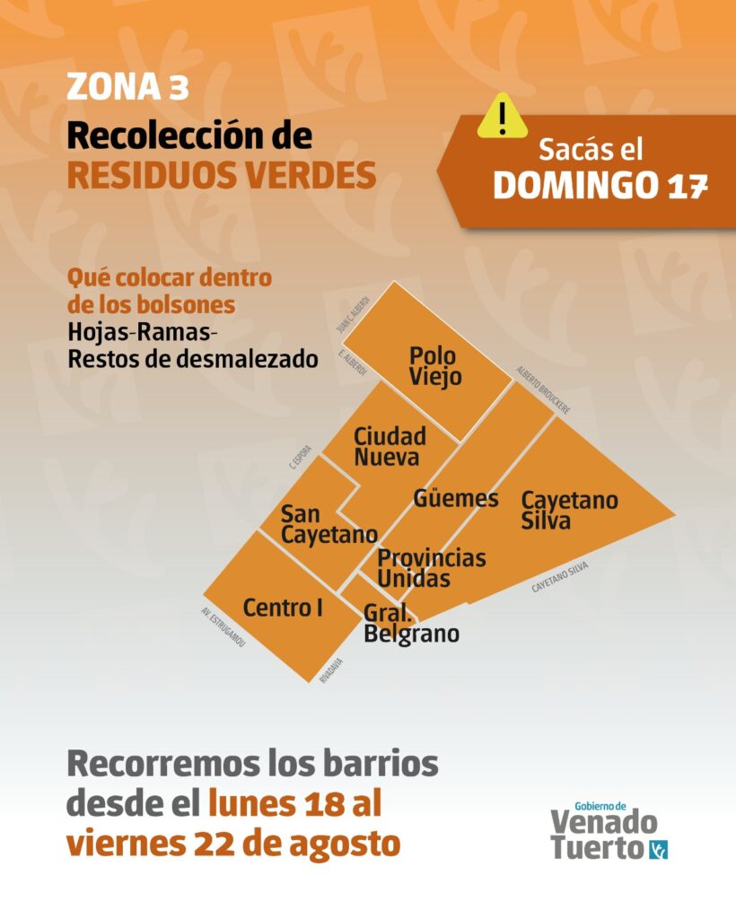 Recolección de residuos verdes Zona 3, domingo 17 de agosto