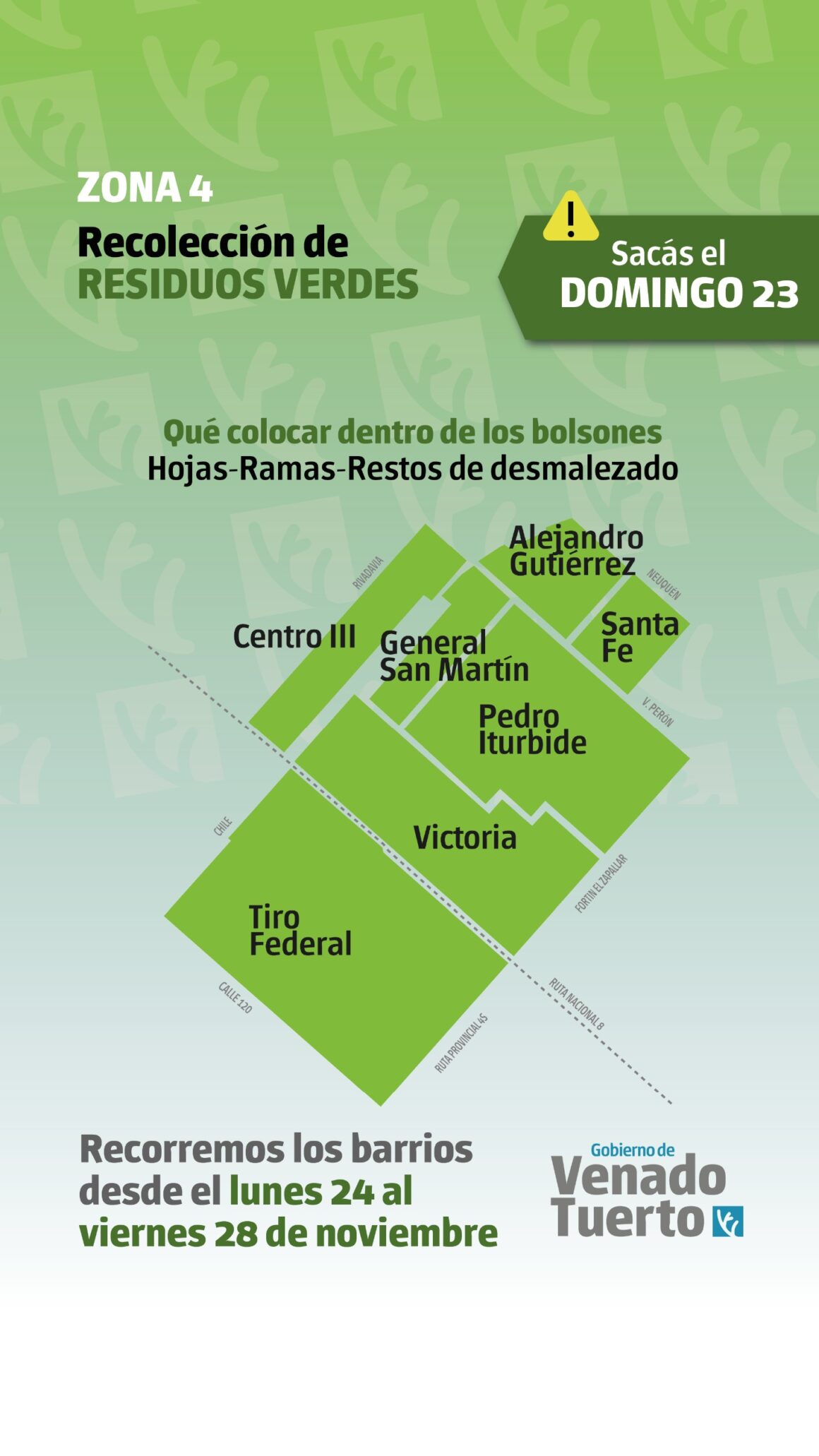 Recolección de residuos verdes Zona 4, domingo 23 de noviembre