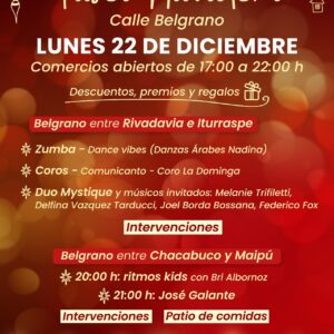 Lunes de fiesta. Paseo Navideño calle Belgrano con descuentos, premios, espectáculos y gastronomía