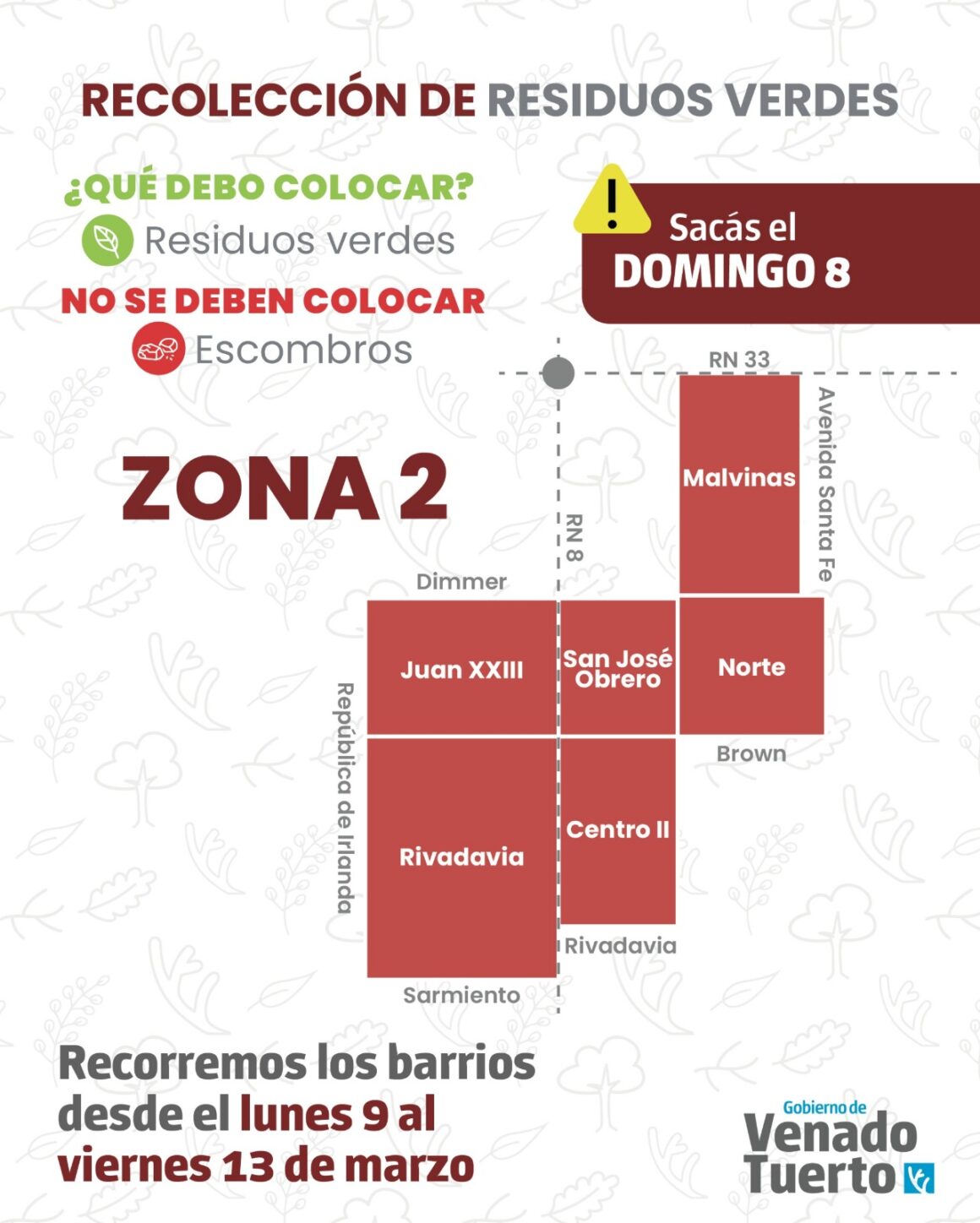 Recolección de residuos verdes Zona 2, domingo 8 de marzo