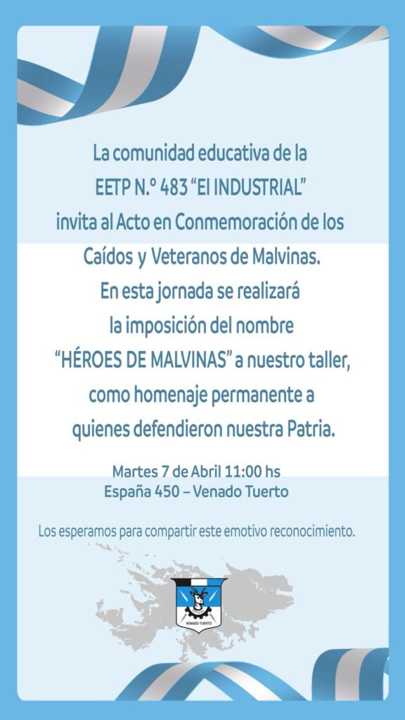 Invitación a la prensa. Memoria y soberanía en la EET 483: el taller escolar llevará el nombre “Héroes de Malvinas”