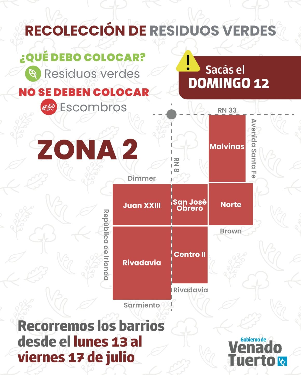 Recolección de residuos verdes Zona 2 domingo 12 de julio